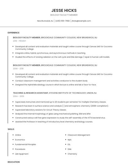Biology Faculty Member Resume