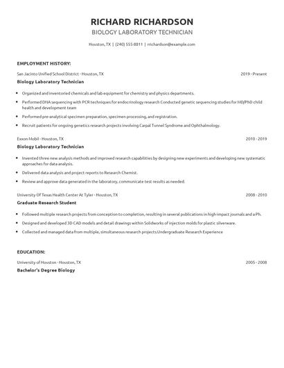 Biology Laboratory Technician Resume