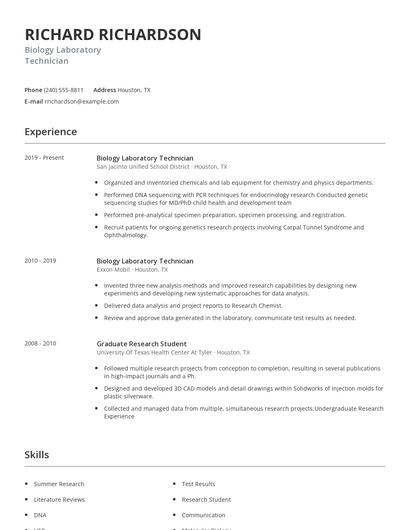 Biology Laboratory Technician Resume