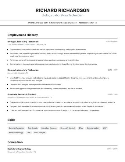 Biology Laboratory Technician Resume