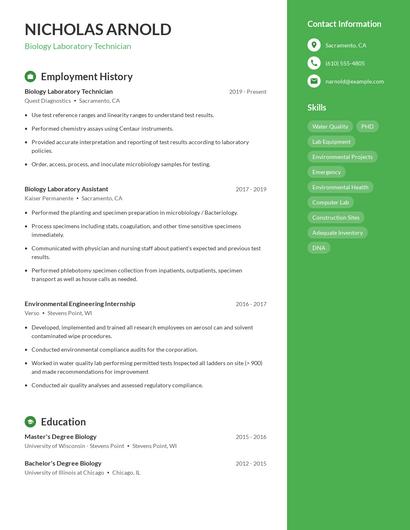 Biology Laboratory Technician Resume