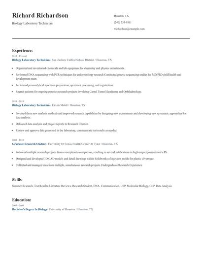Biology Laboratory Technician Resume