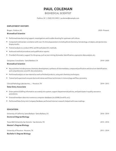 Biomedical Scientist Resume