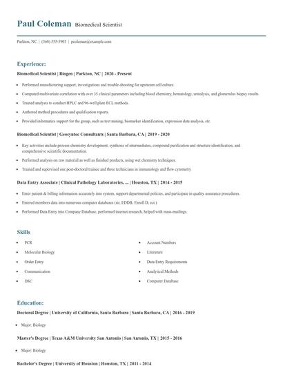 Biomedical Scientist Resume