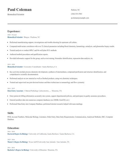 Biomedical Scientist Resume