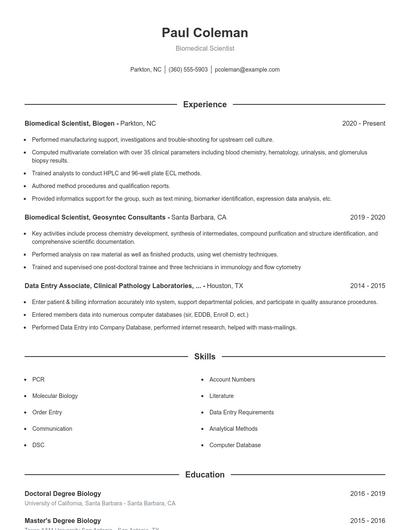 Biomedical Scientist Resume