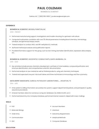 Biomedical Scientist Resume