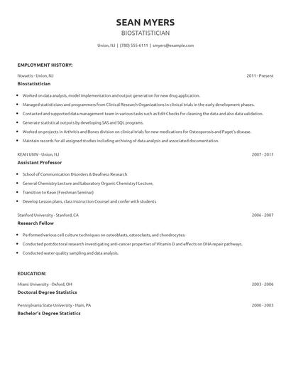 Biostatistician Resume