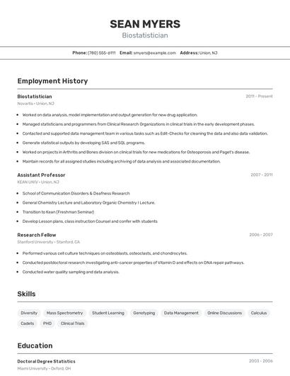 Biostatistician Resume