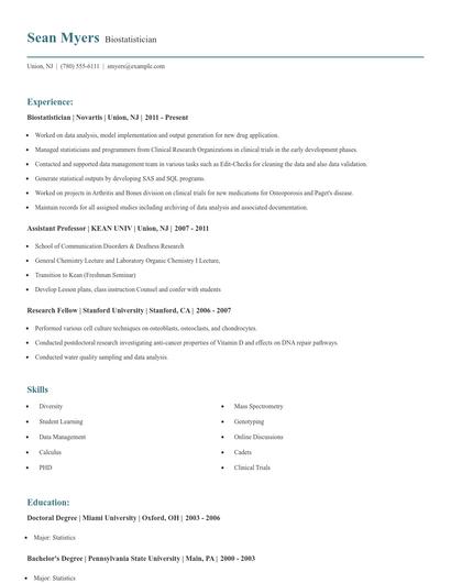 Biostatistician Resume