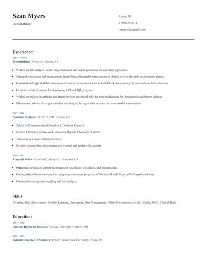 Biostatistician Resume