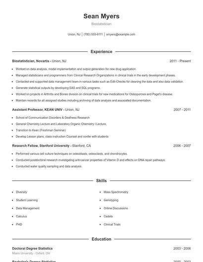 Biostatistician Resume