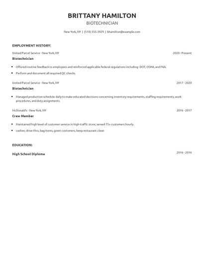Biotechnician Resume
