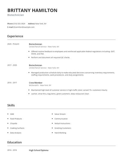 Biotechnician Resume