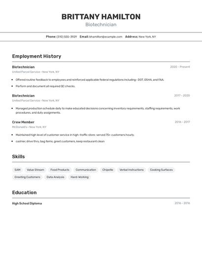Biotechnician Resume