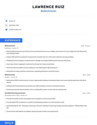 Biotechnician Resume