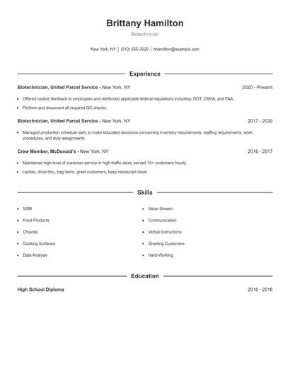 Biotechnician Resume
