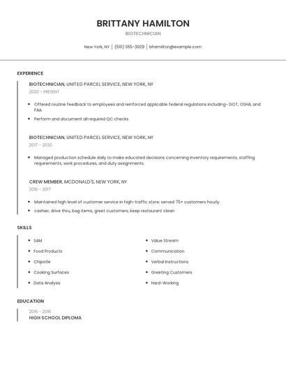 Biotechnician Resume