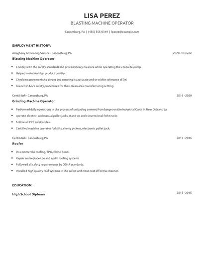 Blasting Machine Operator Resume