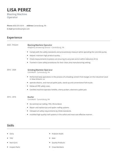 Blasting Machine Operator Resume