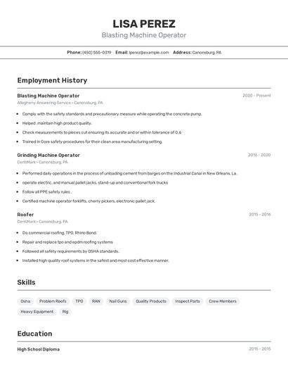 Blasting Machine Operator Resume