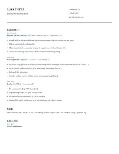 Blasting Machine Operator Resume