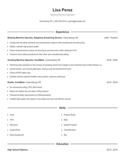 Blasting Machine Operator Resume