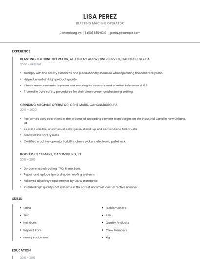 Blasting Machine Operator Resume