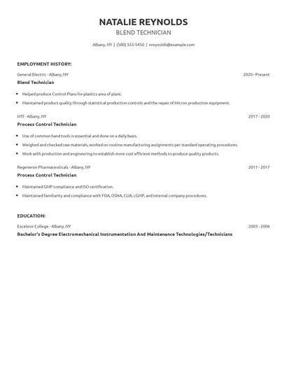 Blend Technician Resume