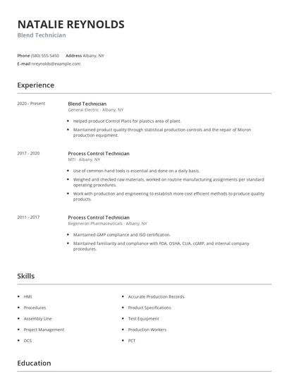 Blend Technician Resume