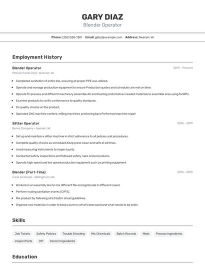 Blender Operator Resume
