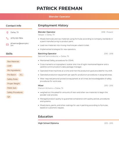 Blender Operator Resume