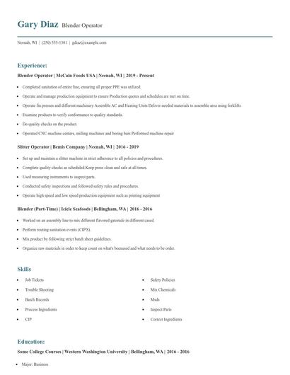 Blender Operator Resume
