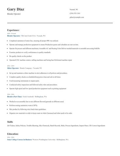 Blender Operator Resume