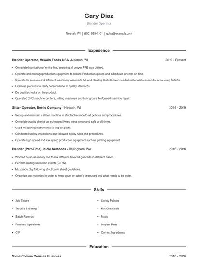 Blender Operator Resume