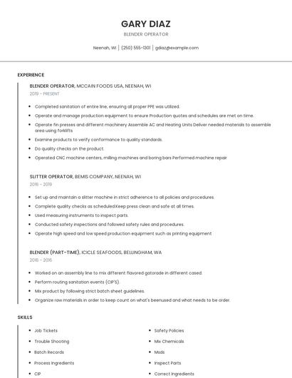 Blender Operator Resume