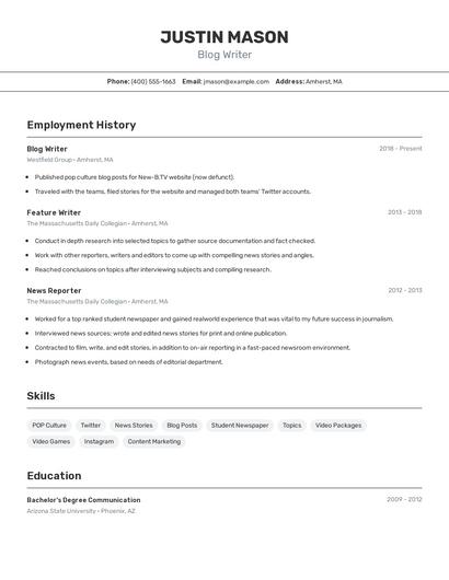 Blog Writer Resume