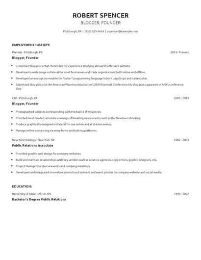 Blogger, Founder Resume
