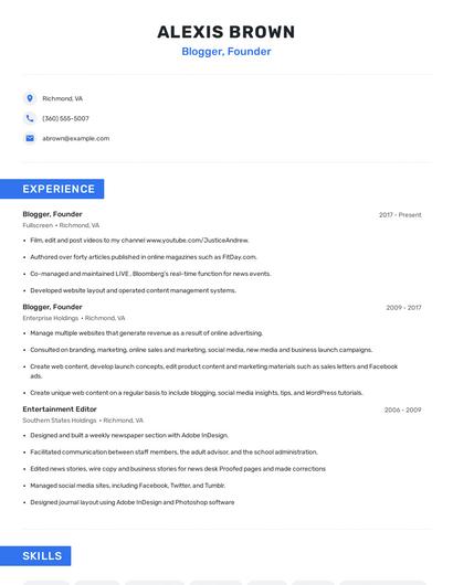 Blogger, Founder Resume