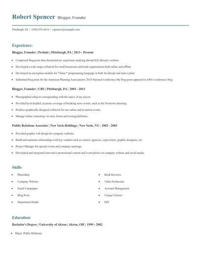 Blogger, Founder Resume