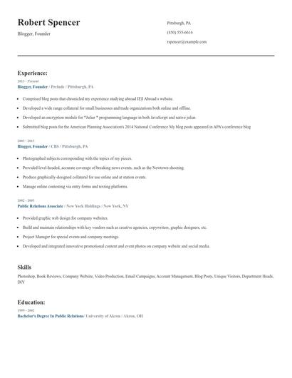 Blogger, Founder Resume