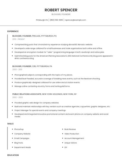Blogger, Founder Resume