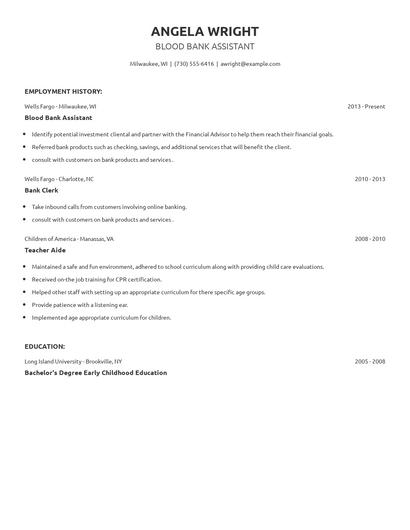 Blood Bank Assistant Resume