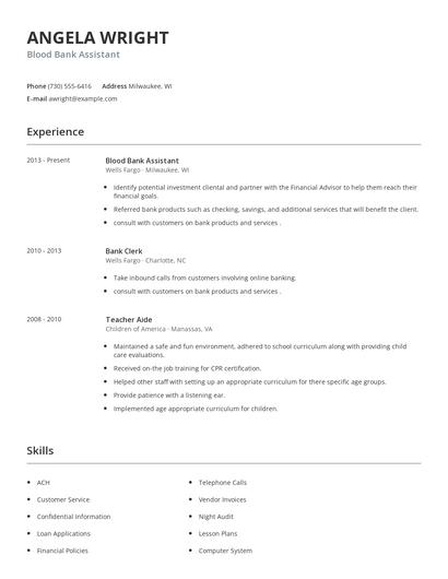 Blood Bank Assistant Resume