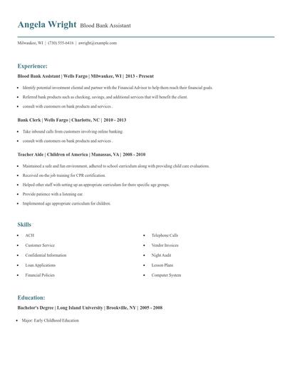 Blood Bank Assistant Resume