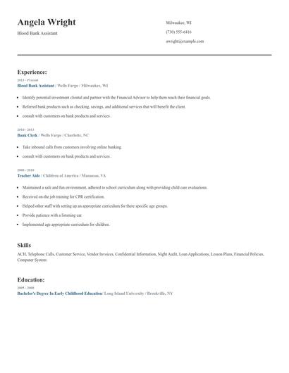 Blood Bank Assistant Resume