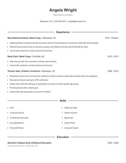 Blood Bank Assistant Resume