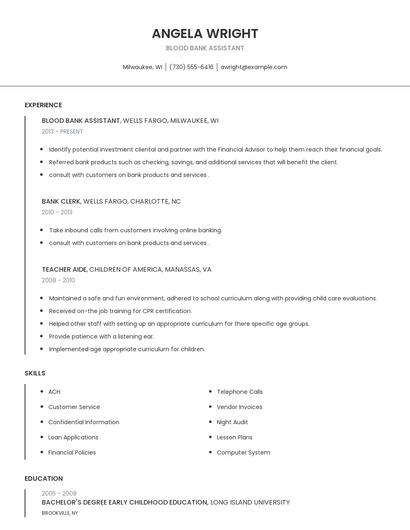 Blood Bank Assistant Resume