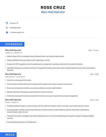 Blow Mold Operator Resume