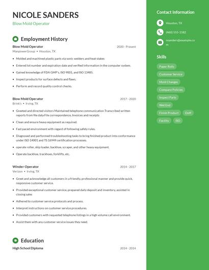 Blow Mold Operator Resume